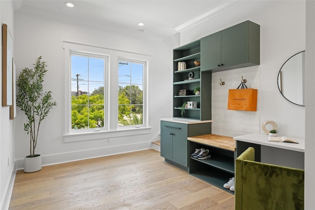 2200 N Glenwood Dr, Tampa, FL 33602 - mudroom with crown molding, light wood finished floors, baseboards, and recessed lighting