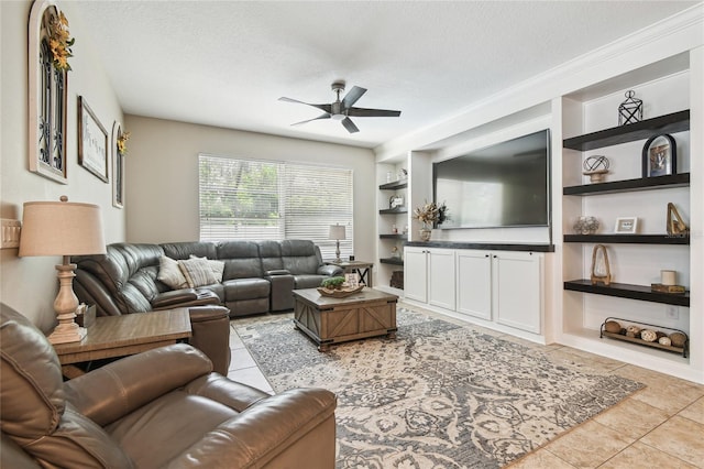 3530 Brook Crossing Dr, Brandon, FL 33511 - living room with a ceiling fan, built in shelves, light tile patterned floors, and a textured ceiling