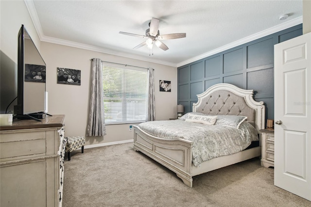 3530 Brook Crossing Dr, Brandon, FL 33511 - bedroom featuring crown molding, light carpet, ceiling fan, and baseboards