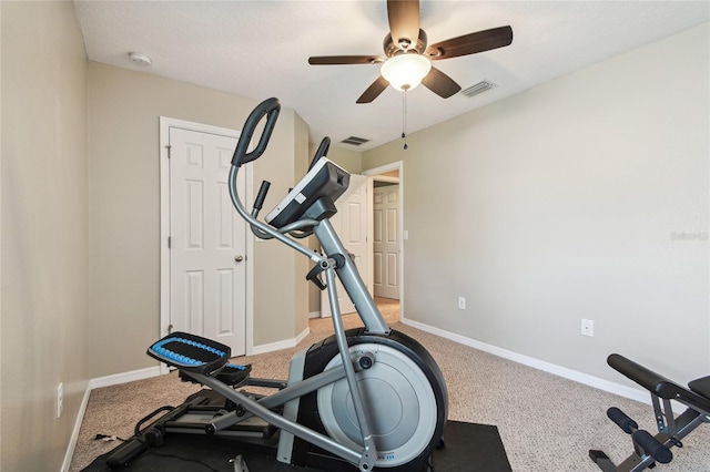 3530 Brook Crossing Dr, Brandon, FL 33511 - exercise area with a ceiling fan, light carpet, and baseboards