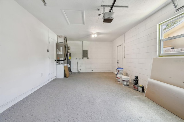 5624 62nd St N, Saint Petersburg, FL 33709 - garage featuring electric panel, water heater, a garage door opener, concrete block wall, and heating unit