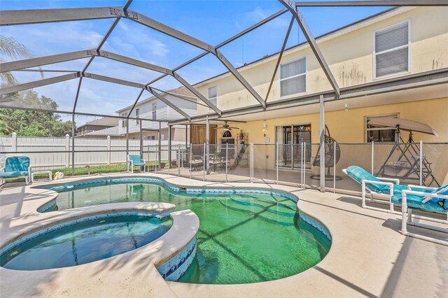 10311 Frog Pond Dr, Riverview, FL 33569 - view of pool featuring a patio, a pool with connected hot tub, a lanai, and ceiling fan