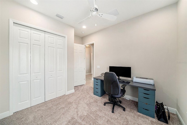 8016 Rock Spring Ct, Land O Lakes, FL 34638 - carpeted office featuring a ceiling fan and recessed lighting
