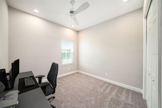 8016 Rock Spring Ct, Land O Lakes, FL 34638 - carpeted office featuring a ceiling fan and recessed lighting