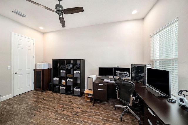 8016 Rock Spring Ct, Land O Lakes, FL 34638 - office space with a ceiling fan, wood finished floors, and recessed lighting