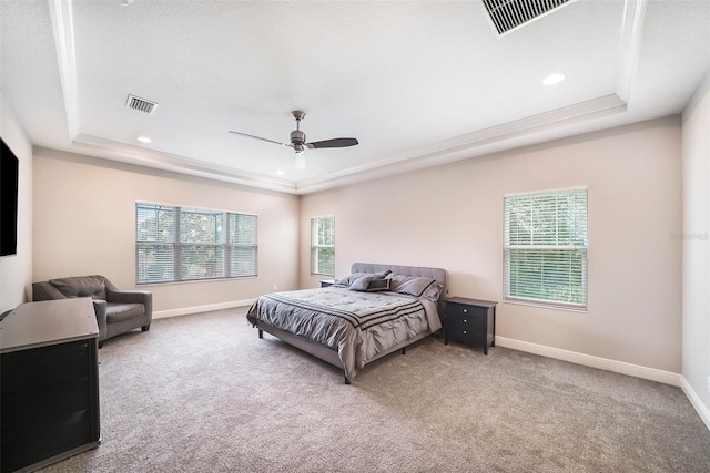 8016 Rock Spring Ct, Land O Lakes, FL 34638 - bedroom featuring a tray ceiling, carpet, a ceiling fan, and recessed lighting