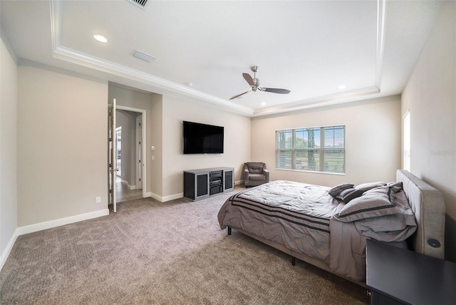 8016 Rock Spring Ct, Land O Lakes, FL 34638 - bedroom with a tray ceiling, carpet floors, recessed lighting, crown molding, and a ceiling fan