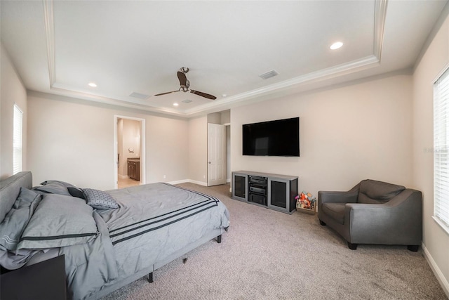 8016 Rock Spring Ct, Land O Lakes, FL 34638 - bedroom featuring a tray ceiling, light carpet, recessed lighting, ceiling fan, and crown molding