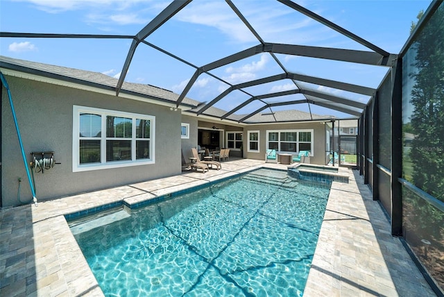 8016 Rock Spring Ct, Land O Lakes, FL 34638 - view of swimming pool with a patio, a pool with connected hot tub, glass enclosure, and an outdoor living space