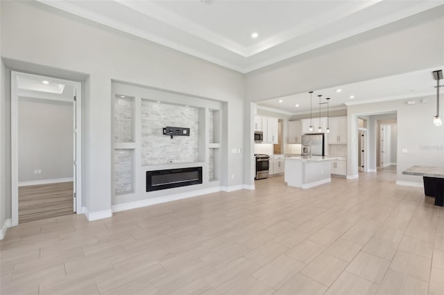 4325 Barletta Ct, Wesley Chapel, FL 33543 - unfurnished living room featuring crown molding, a stone fireplace, baseboards, and recessed lighting
