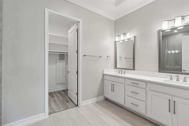 4325 Barletta Ct, Wesley Chapel, FL 33543 - bathroom featuring ornamental molding, double vanity, a tile shower, and baseboards