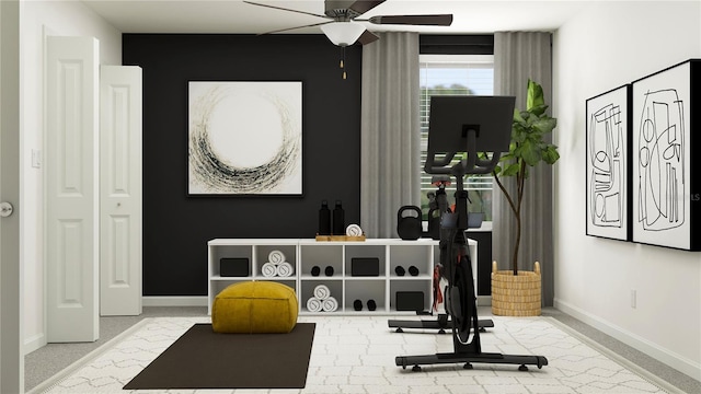 8778 Linked Dr, New Port Richey, FL 34655 - workout room featuring a ceiling fan and baseboards