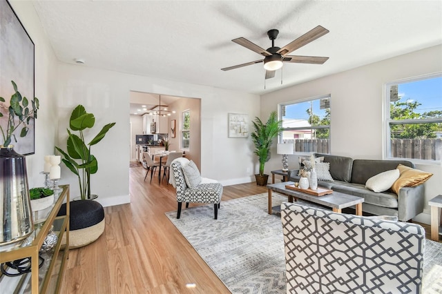 1750 Dayton St S, Saint Petersburg, FL 33712 - living room with light wood-style flooring, a chandelier, a ceiling fan, and baseboards