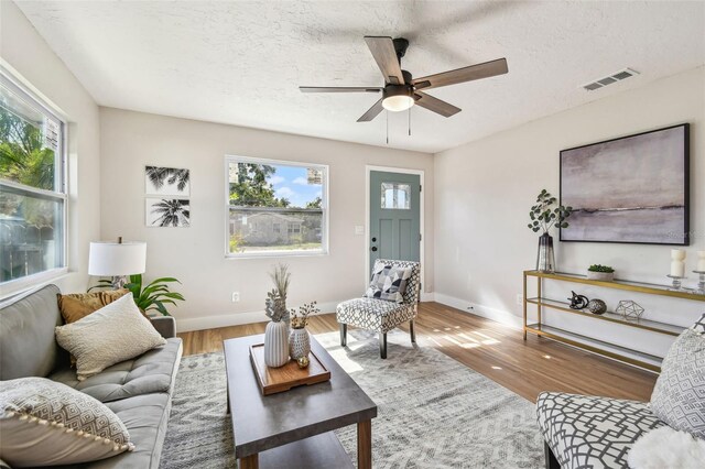 1750 Dayton St S, Saint Petersburg, FL 33712 - living area with ceiling fan, wood finished floors, baseboards, and a textured ceiling