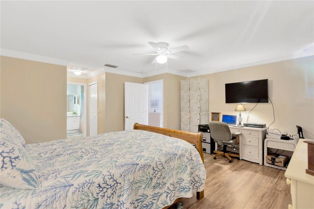 11148 Hollander Ave, Hudson, FL 34667 - bedroom featuring light wood-style floors, crown molding, an office area, ensuite bathroom, and ceiling fan