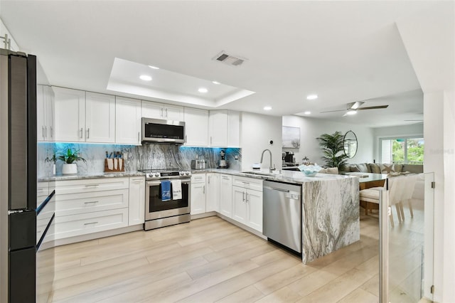 9812 Indian Key Trl Unit 84, Seminole, FL 33776 - kitchen with appliances with stainless steel finishes, a sink, a raised ceiling, a peninsula, and light stone countertops