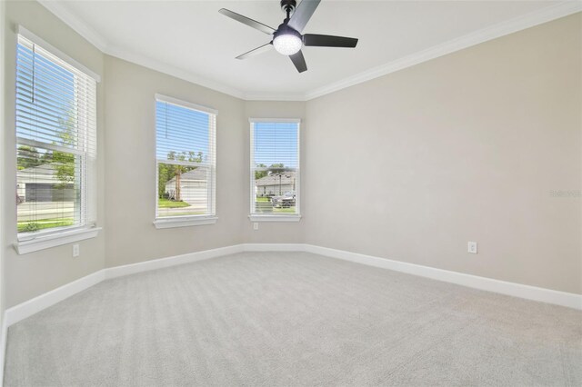 4709 Isonzo Way, Wesley Chapel, FL 33543 - empty room with carpet flooring, ornamental molding, plenty of natural light, baseboards, and ceiling fan