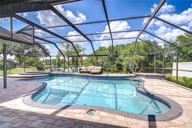 17917 Clear Lake Dr, Lutz, FL 33548 - view of swimming pool with a pool with connected hot tub, a patio, an outdoor living space, and glass enclosure