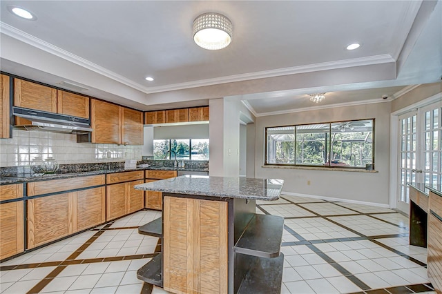 17917 Clear Lake Dr, Lutz, FL 33548 - kitchen featuring under cabinet range hood, baseboards, inlaid floor details, a sink, and recessed lighting