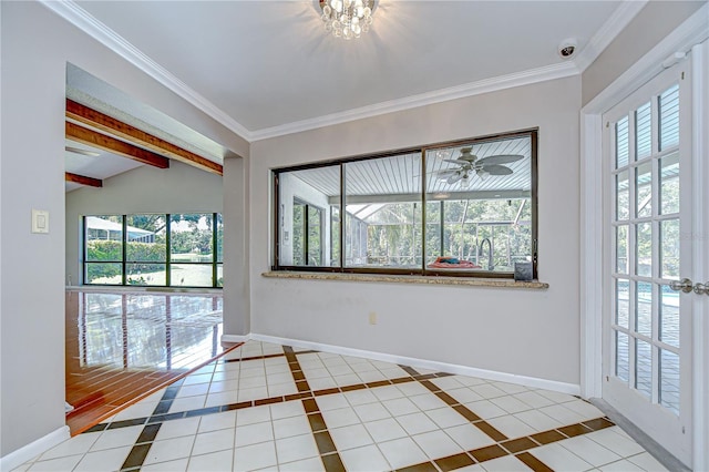 17917 Clear Lake Dr, Lutz, FL 33548 - tiled spare room featuring healthy amount of natural light, baseboards, ornamental molding, and ceiling fan