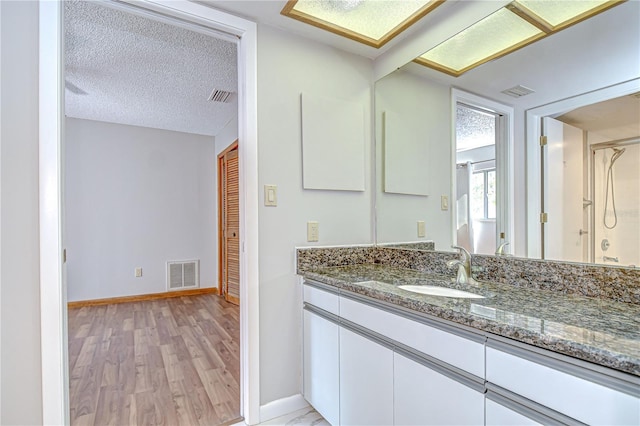 17917 Clear Lake Dr, Lutz, FL 33548 - bathroom featuring vanity, baseboards, wood finished floors, and a textured ceiling