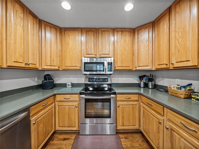 16326 Kalli Way, Dade City, FL 33523 - kitchen with stainless steel appliances, dark wood-style floors, dark countertops, and recessed lighting