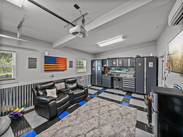 16326 Kalli Way, Dade City, FL 33523 - living room featuring a wall mounted AC, bar, wainscoting, a textured ceiling, and a garage