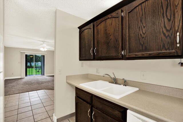 4801 Airport Rd Unit 210, Zephyrhills, FL 33542 - kitchen with a sink, dark brown cabinetry, baseboards, a ceiling fan, and light tile patterned flooring