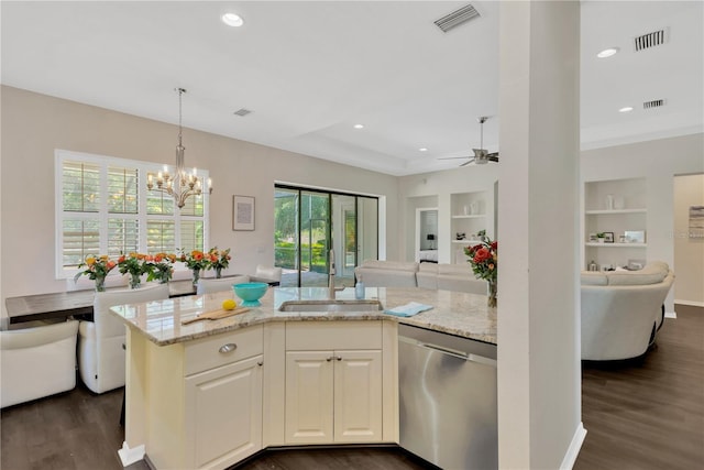 13872 Siena Loop, Lakewood Ranch, FL 34202 - kitchen featuring dishwasher, open floor plan, a sink, dark wood-style floors, and a ceiling fan