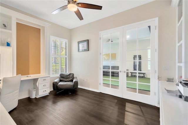13872 Siena Loop, Lakewood Ranch, FL 34202 - home office with a ceiling fan, dark wood finished floors, french doors, and baseboards