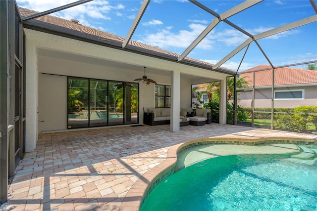 13872 Siena Loop, Lakewood Ranch, FL 34202 - swimming pool featuring a patio, ceiling fan, an outdoor living space, and a lanai