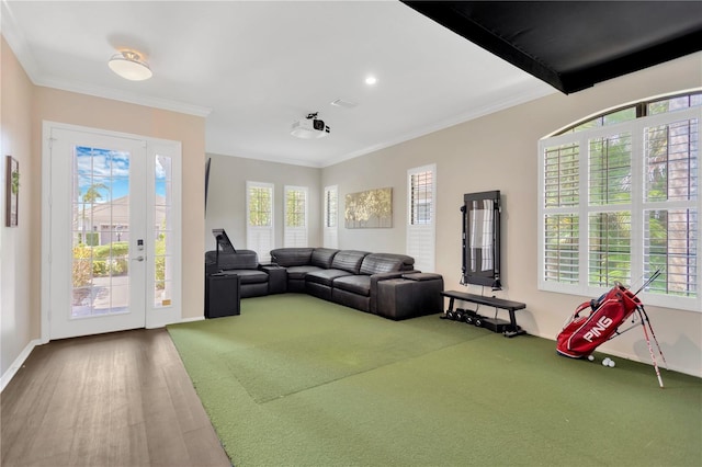 13872 Siena Loop, Lakewood Ranch, FL 34202 - living area featuring carpet, baseboards, crown molding, and recessed lighting