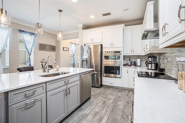 2515 63rd Ter E, Ellenton, FL 34222 - kitchen featuring a sink, appliances with stainless steel finishes, plenty of natural light, gray cabinets, and crown molding