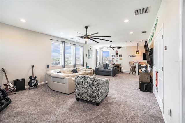 2515 63rd Ter E, Ellenton, FL 34222 - living room featuring carpet, a ceiling fan, recessed lighting, and baseboards