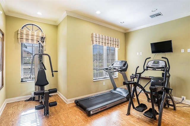 2515 63rd Ter E, Ellenton, FL 34222 - workout area featuring baseboards, wood finished floors, crown molding, and recessed lighting