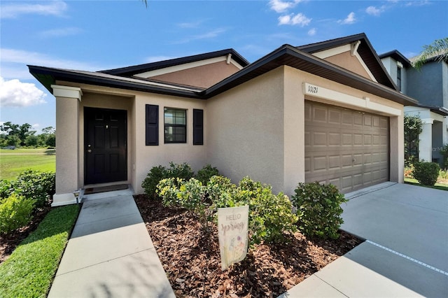 11121 Hudson Hills Ln, Riverview, FL 33579 - view of front of property with a garage, stucco siding, and concrete driveway