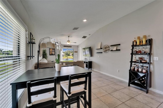 11121 Hudson Hills Ln, Riverview, FL 33579 - dining space featuring ceiling fan, baseboards, light tile patterned floors, lofted ceiling, and recessed lighting