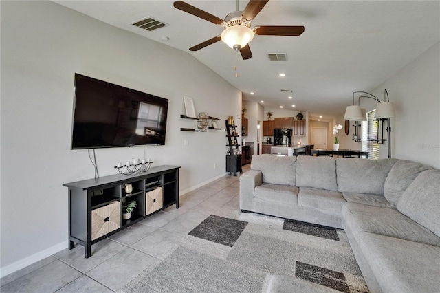 11121 Hudson Hills Ln, Riverview, FL 33579 - living area featuring lofted ceiling, a ceiling fan, light tile patterned flooring, baseboards, and recessed lighting