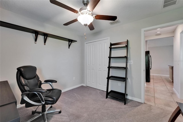 11121 Hudson Hills Ln, Riverview, FL 33579 - office space featuring a ceiling fan, light carpet, and baseboards