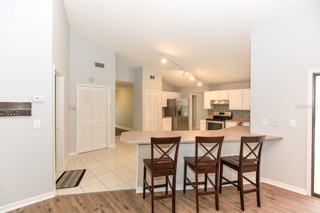 24 Lake Vista Way, Ormond Beach, FL 32174 - kitchen featuring appliances with stainless steel finishes, under cabinet range hood, track lighting, a peninsula, and a breakfast bar