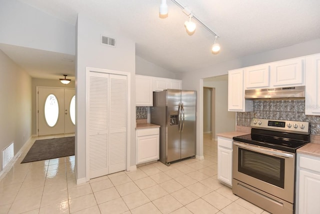 24 Lake Vista Way, Ormond Beach, FL 32174 - kitchen featuring appliances with stainless steel finishes, under cabinet range hood, backsplash, white cabinets, and light countertops