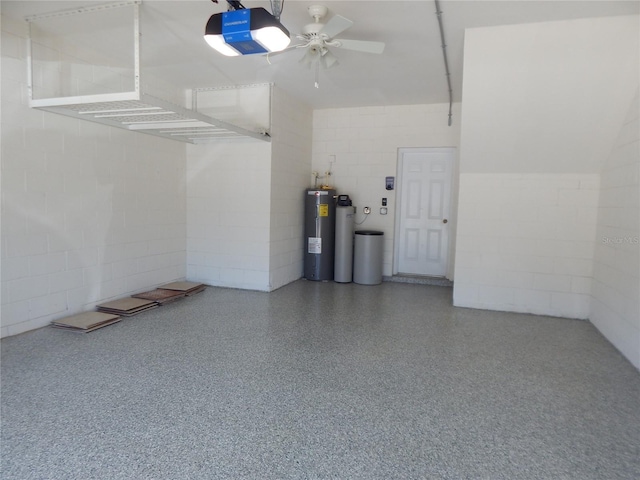 16618 Kingletside Ct, Lithia, FL 33547 - garage featuring a garage door opener, water heater, concrete block wall, and a ceiling fan