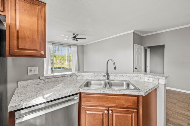 9416 Lake Chase Island Way Unit 9416, Tampa, FL 33626 - kitchen featuring dishwasher, a sink, light countertops, ornamental molding, and a ceiling fan