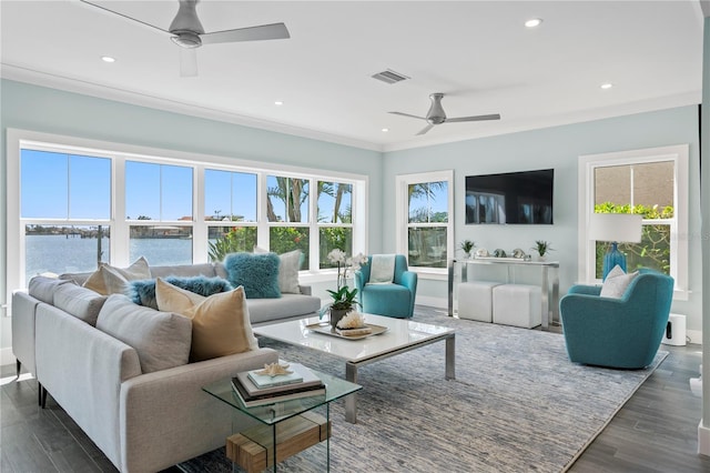 2903 Pass A Grille Way, St Pete Beach, FL 33706 - living room featuring ceiling fan, dark wood-style floors, recessed lighting, a water view, and baseboards