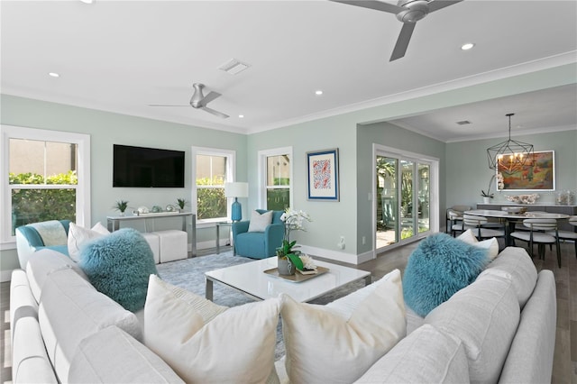 2903 Pass A Grille Way, St Pete Beach, FL 33706 - living room with ceiling fan, wood finished floors, a chandelier, recessed lighting, and baseboards