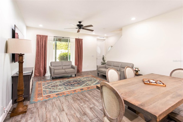 14245 Damselfly Dr, Tampa, FL 33625 - dining space with ceiling fan, light wood-style floors, baseboards, and recessed lighting
