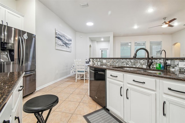 7410 Ambleside Dr, Land O Lakes, FL 34637 - kitchen featuring stainless steel fridge with ice dispenser, a sink, dishwasher, white cabinetry, and ceiling fan