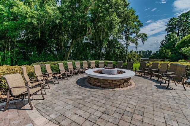 7410 Ambleside Dr, Land O Lakes, FL 34637 - view of patio with a fire pit and view of scattered trees