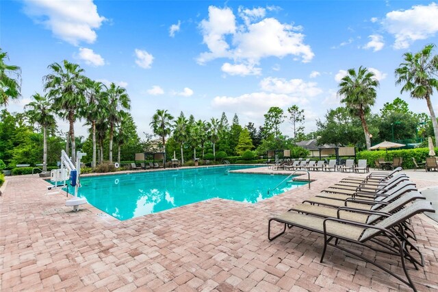 7410 Ambleside Dr, Land O Lakes, FL 34637 - community pool with a patio area and view of scattered trees