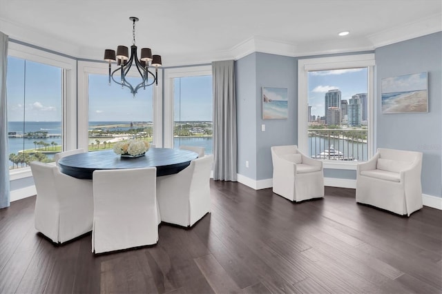 555 5th Ave NE Unit 1032, Saint Petersburg, FL 33701 - dining room with a chandelier, baseboards, dark wood-style flooring, crown molding, and a water view